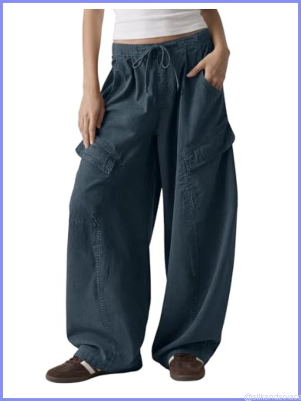 Womens Barrel Baggy Cargo Pants Elastic Waist Wide Leg Casual Y2K Streetwear